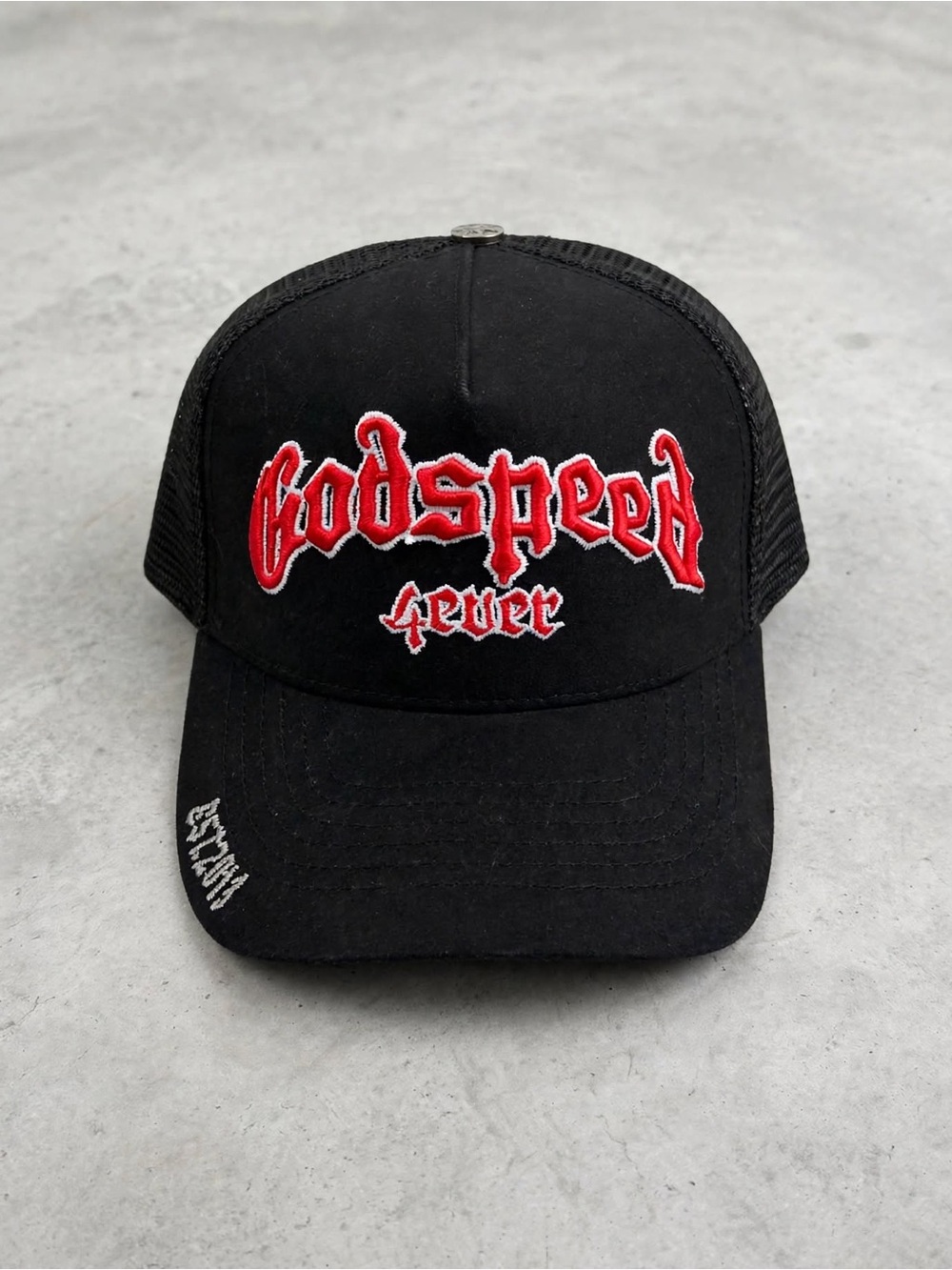 Godspeed Fever Embroidered Black Trucker Hat
